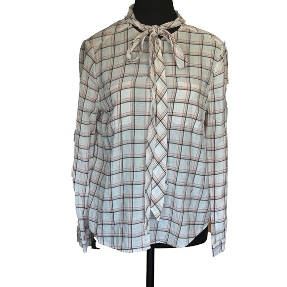 Joie Tie Front Blouse M | Brown Pink Cream Print Bib Collar Long Sleeve Boho Top - Picture 5 of 11